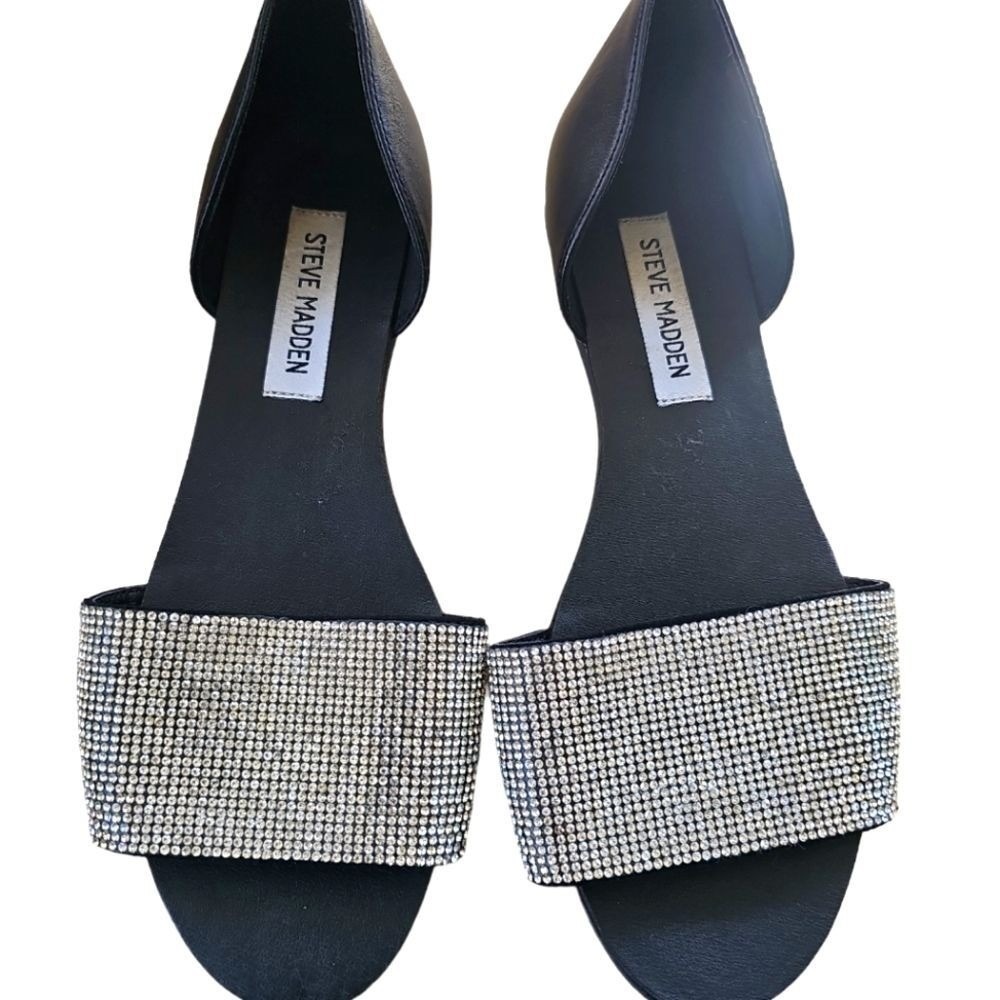 Steve Madden Sidestep Black Rhinestone D'Orsay‎ Flat Sandals Womens Size 7M